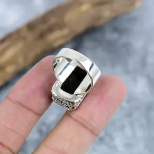 Nakshmart Black Spinel 925 Sterling Silver Bezel Statement Ring