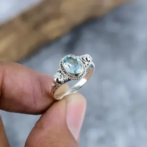 Natural Blue Topaz Bezel Set 925 Sterling Silver Statement Ring