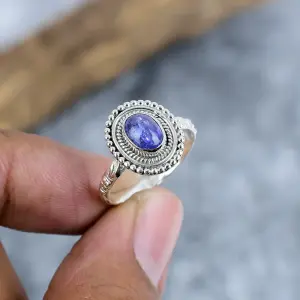 Natural Tanzanite 925 Sterling Silver Bezel Statement Ring