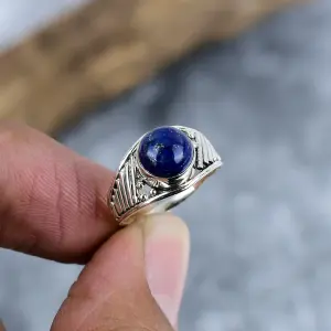 Handcrafted Natural Lapis Lazuli Bezel Set 925 Silver Statement Ring