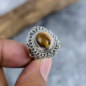 Nakshmart Natural Tiger Eye 925 Sterling Silver Statement Ring