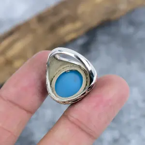 Nakshmart Natural Aqua Chalcedony 925 Sterling Silver Statement Ring