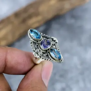 Nakshmart Natural Blue Topaz Bezel Statement Ring 925 Sterling Silver