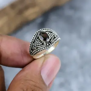 Nakshmart Natural Smoky Topaz 925 Sterling Silver Bezel Statement Ring