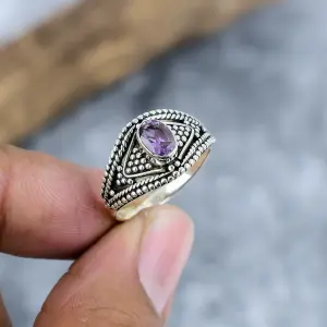 Nakshmart Natural Amethyst 925 Sterling Silver Bezel Statement Ring