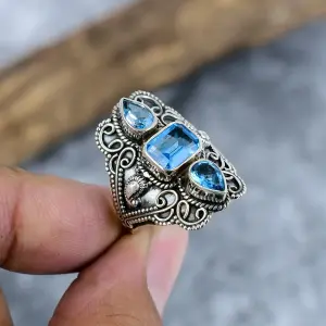Blue Topaz 925 Sterling Silver Bezel Statement Ring by Nakshmart