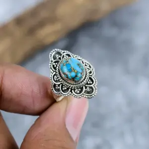 Natural Copper Blue Turquoise 925 Silver Statement Ring by Nakshmart