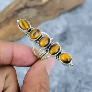 Nakshmart Natural Tiger's Eye 925 Sterling Silver Statement Ring