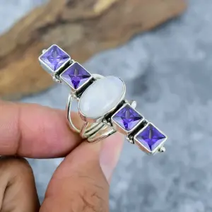 Nakshmart 925 Sterling Silver Natural Moonstone Statement Ring