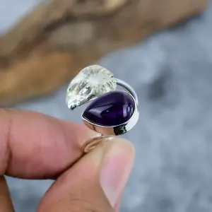 Nakshmart Natural Amethyst 925 Sterling Silver Bezel Statement Ring