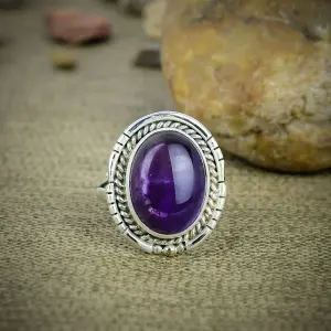 Nakshmart 925 Sterling Silver Natural Amethyst Statement Ring