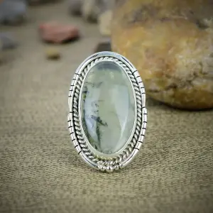 Natural Prehnite Statement Ring in 925 Sterling Silver by Nakshmart