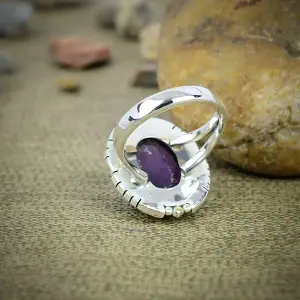 Nakshmart 925 Sterling Silver Natural Amethyst Statement Ring