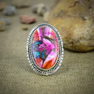 Natural Spiny Oyster Turquoise 925 Sterling Silver Statement Ring