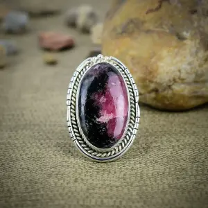 Natural Rhodonite 925 Sterling Silver Bezel Statement Ring