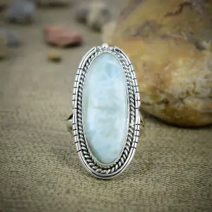 Natural Larimar Statement Ring in 925 Sterling Silver Bezel Setting