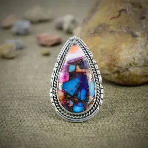 Nakshmart Natural Spiny Oyster Turquoise 925 Sterling Silver Statement Ring