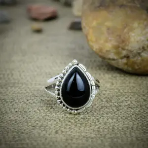 Nakshmart Natural Black Onyx Bezel Statement Ring in 925 Silver