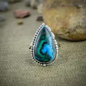 Nakshmart Natural Malachite 925 Sterling Silver Bezel Statement Ring