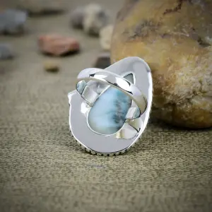Nakshmart Natural Larimar 925 Sterling Silver Statement Ring