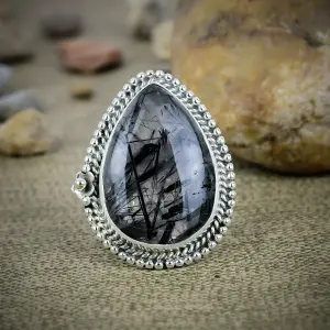 Natural Black Rutile Quartz 925 Sterling Silver Statement Ring