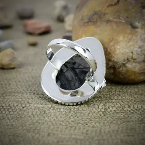 Natural Black Rutile Quartz 925 Sterling Silver Statement Ring