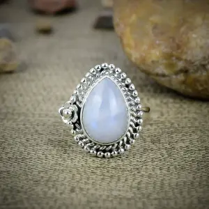 Nakshmart 925 Sterling Silver Natural Moonstone Statement Bezel Ring