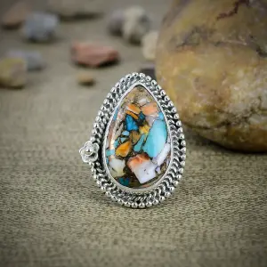 Natural Spiny Oyster Turquoise 925 Sterling Silver Statement Ring