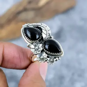 Nakshmart 925 Silver Natural Black Onyx Bezel Statement Ring