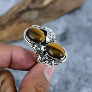 Nakshmart Natural Tiger's Eye 925 Sterling Silver Statement Ring