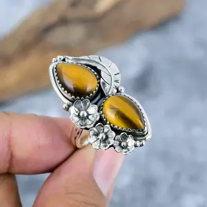 Nakshmart Natural Tiger's Eye 925 Sterling Silver Statement Ring