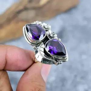 Nakshmart 925 Sterling Silver Bezel Set Lab Amethyst Statement Ring