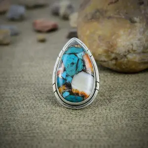 Nakshmart Natural Spiny Oyster Turquoise 925 Silver Statement Ring