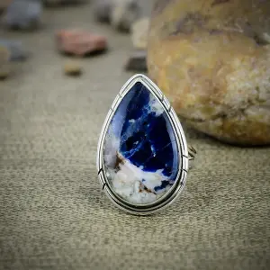 Nakshmart 925 Sterling Silver Natural Sodalite Statement Ring