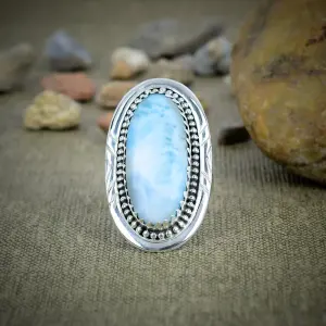 Natural Larimar 925 Sterling Silver Bezel Statement Ring