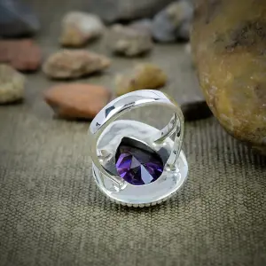Nakshmart 925 Sterling Silver Amethyst Bezel Set Statement Ring