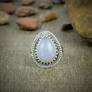 Nakshmart Natural Moonstone Bezel Set 925 Silver Statement Ring