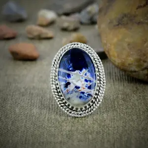Nakshmart Natural Sodalite 925 Sterling Silver Bezel Statement Ring