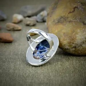 Nakshmart Natural Sodalite 925 Sterling Silver Bezel Statement Ring