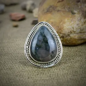 Nakshmart Natural Moss Agate 925 Sterling Silver Statement Ring