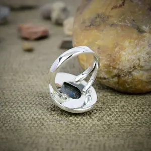 Nakshmart Natural Labradorite Bezel Statement Ring in 925 Silver