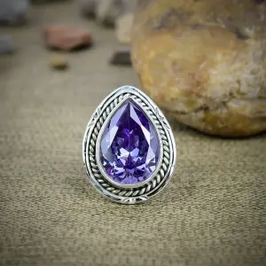 Nakshmart Natural Amethyst 925 Sterling Silver Bezel Statement Ring