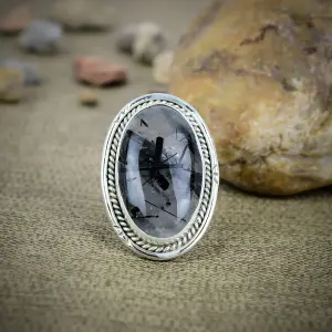 Nakshmart Natural Black Needle Rutile 925 Sterling Silver Statement Ring