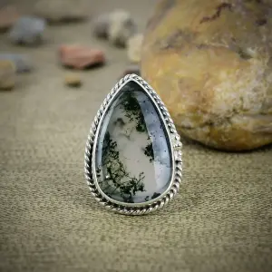 Nakshmart Natural Moss Agate 925 Sterling Silver Bezel Statement Ring