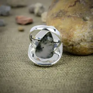 Nakshmart Natural Moss Agate 925 Sterling Silver Bezel Statement Ring
