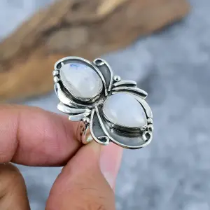 Nakshmart 925 Sterling Silver Natural Moonstone Statement Ring