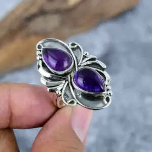 Nakshmart Natural Sage Amethyst 925 Sterling Silver Statement Ring
