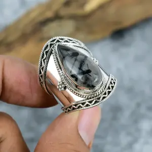 Nakshmart Natural Black Rutile Quartz 925 Sterling Silver Bezel Ring