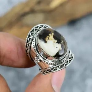 Nakshmart 925 Silver Natural Peanut Wood Jasper Statement Ring