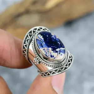 Natural Sodalite 925 Sterling Silver Bezel Set Statement Ring